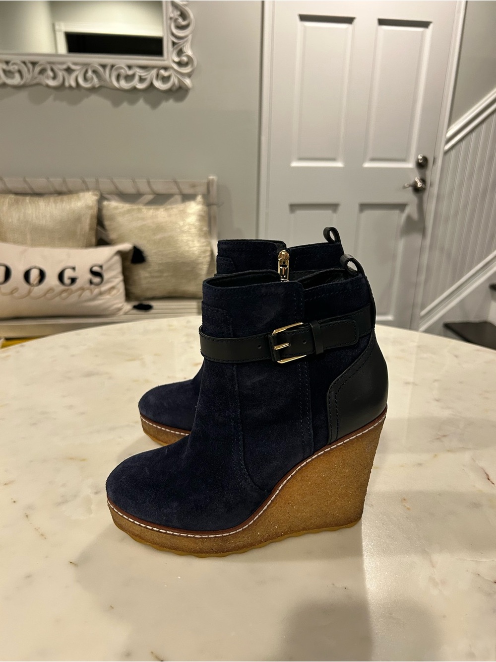 Tory Burch Suede Blue Wedge Boots size 7 US